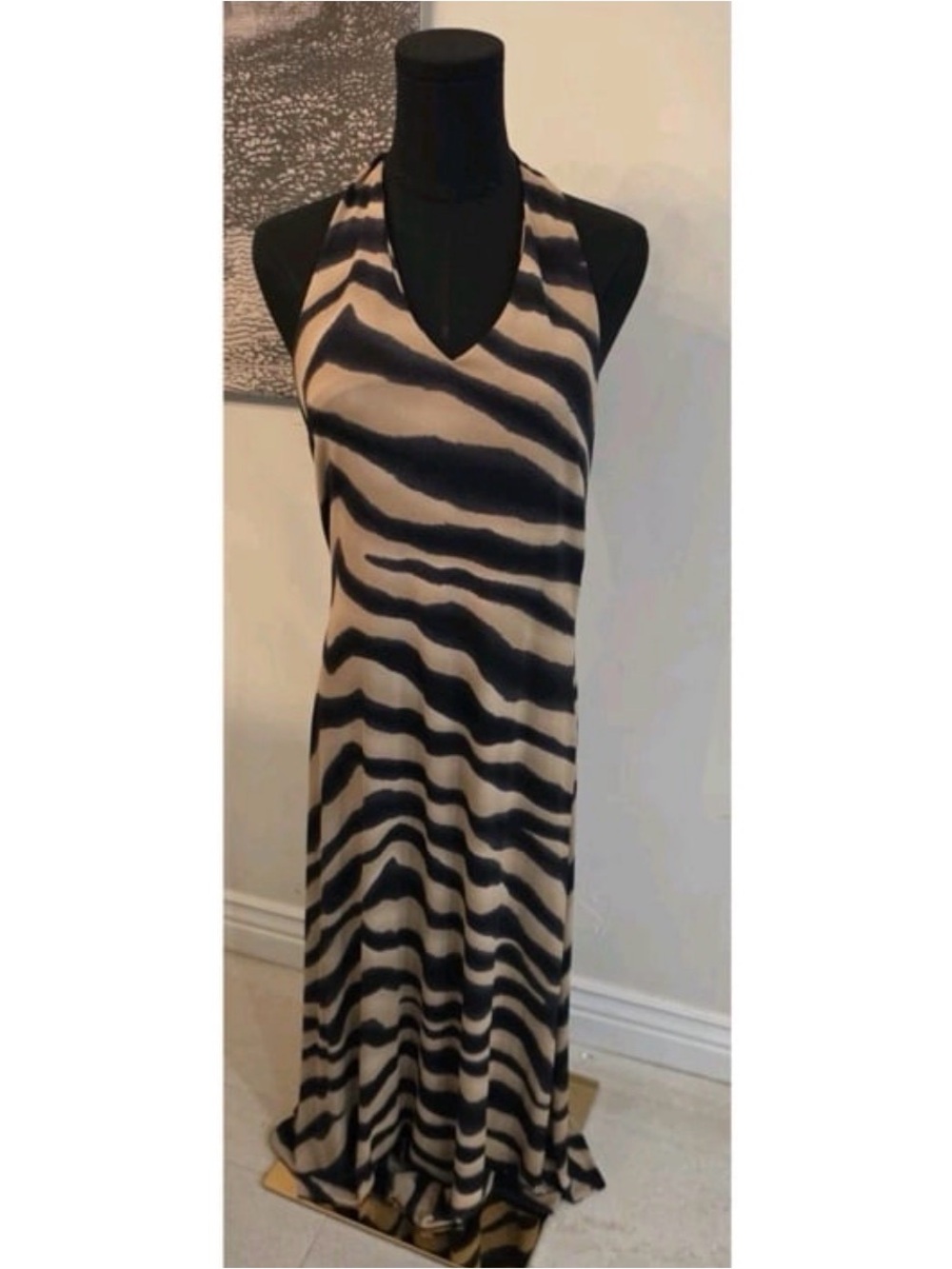 Vintage Lauren Ralph Lauren Zebra Tiger Animal Print Halter Backless Maxi Dress